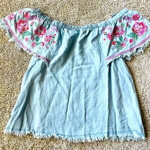 Wonderly embroidered top boho shirt chambray top off the shoulder size medium